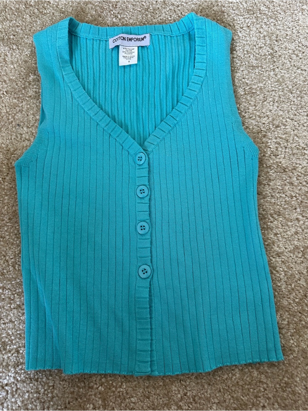 Cotton Emporium Aqua Ribbed Button Up Tank Cropped Vest Turquoise